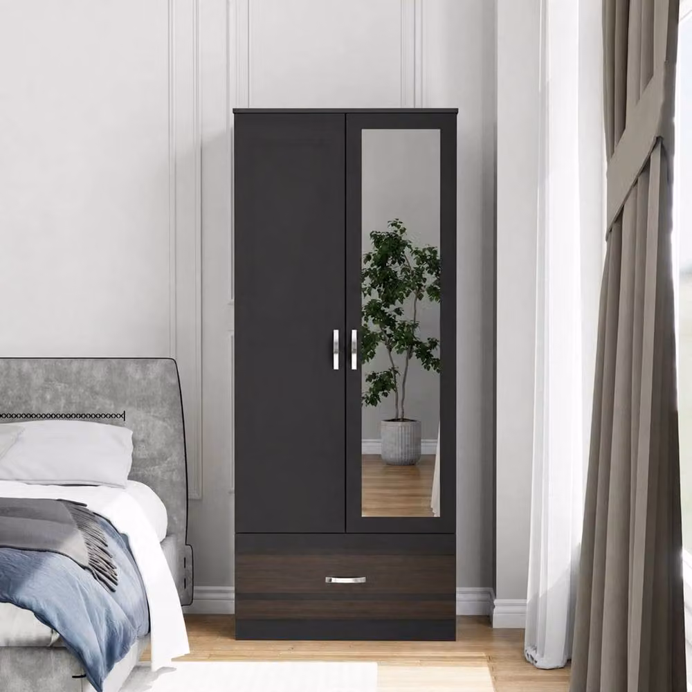 PAWNORA Modern Black Bedroom Wardrobe with Hinged Doors, Drawers and Mirror – 2