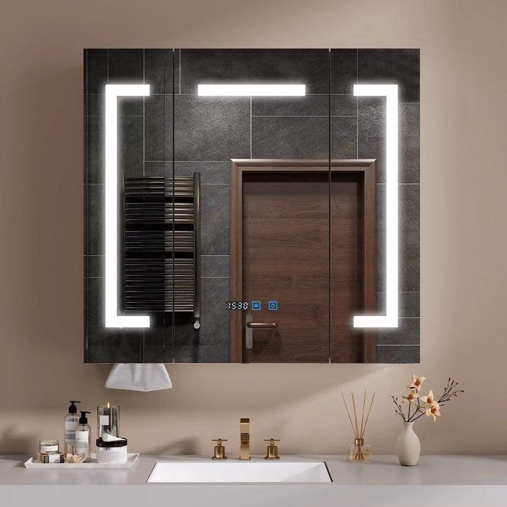 FORGEVIO Modern White 3-Door LED Bathroom Mirror Cabinet with Integrated Lighting and Internal Shelves – 1