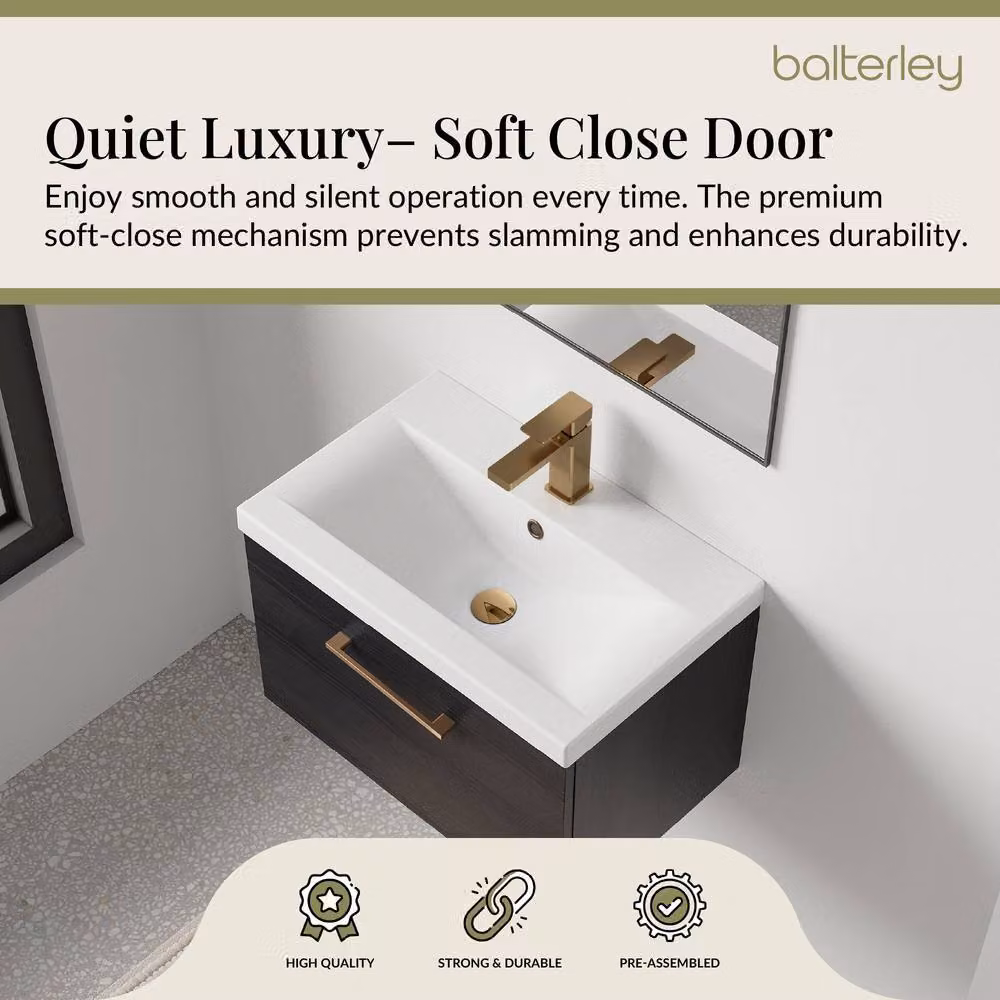 Balterley 600mm Wall Hung 1 Drawer Vanity Unit in Woodgrain Black with Black Bronze Handle – 3