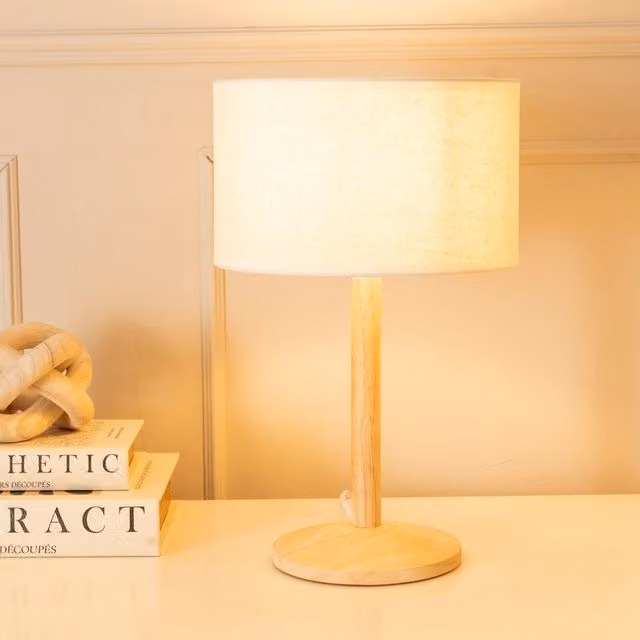 ValueLights Triston Natural Wood Stem Table Lamp with White Fabric Drum Shade