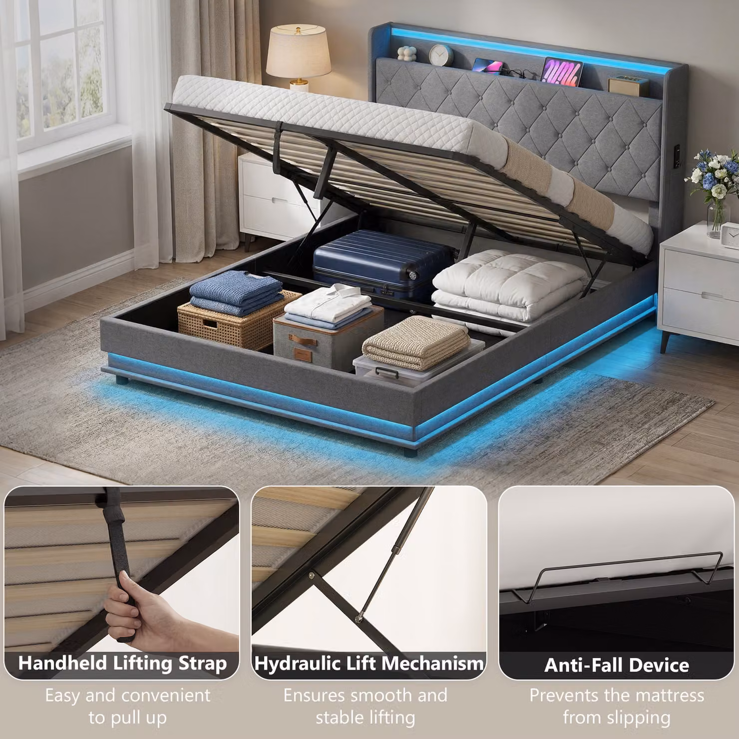 HOMCOM King Size Fabric Bed Frame in Grey with Headboard, Hydraulic Storage, LED Lights and USB Charging Station – 6
