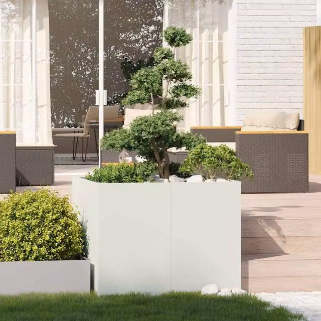 Berkfield Home Steel Planter Tub, White, W/D/H: 100 x 100 x 80 cm