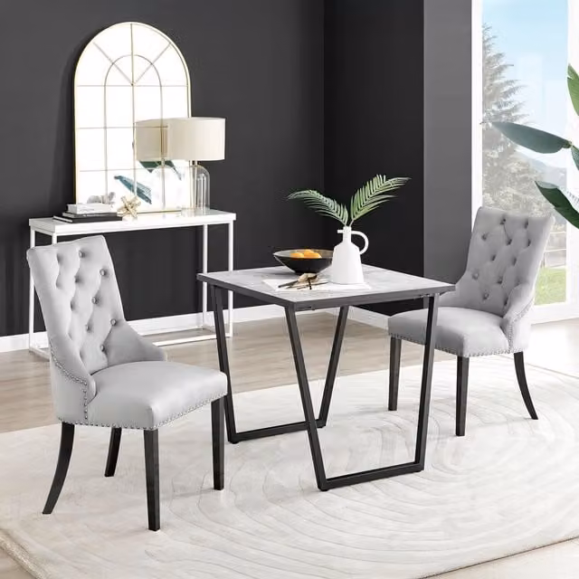 FurnitureboxUK Carson White Marble Effect Square Dining Table and 2 Belgravia Black Leg Chairs in Grey – 1