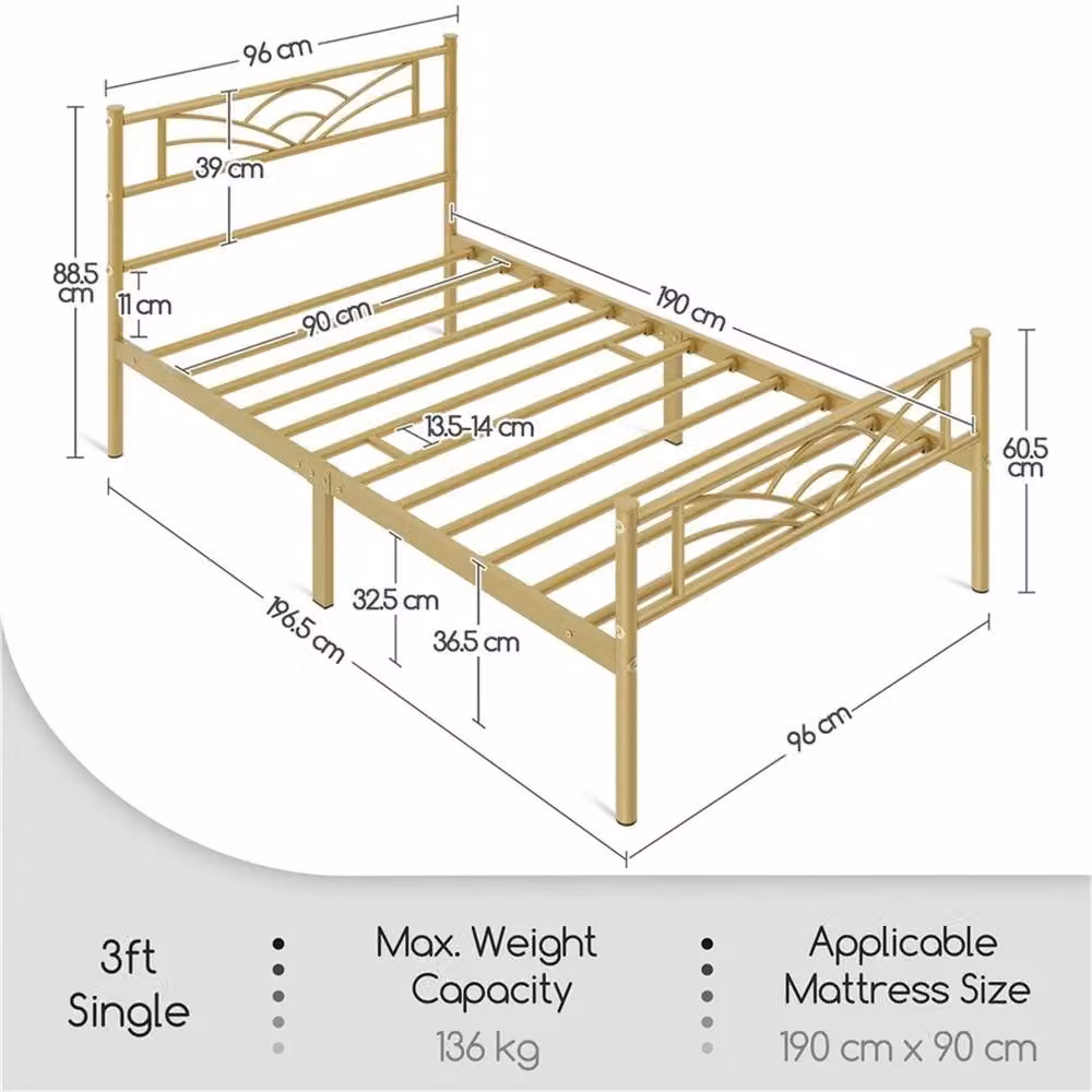 Kelvenix Single Metal Bed Frame in Antique Gold, 90 x 190 cm – 2