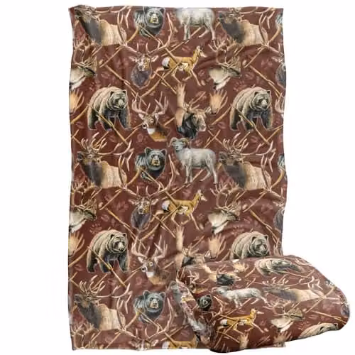 JQ Licensing Big Game Elk, Deer and Bear Hunting Pattern Super Soft Fleece Throw Blanket, Multicolour, W/D/H: 91 x 147 cm