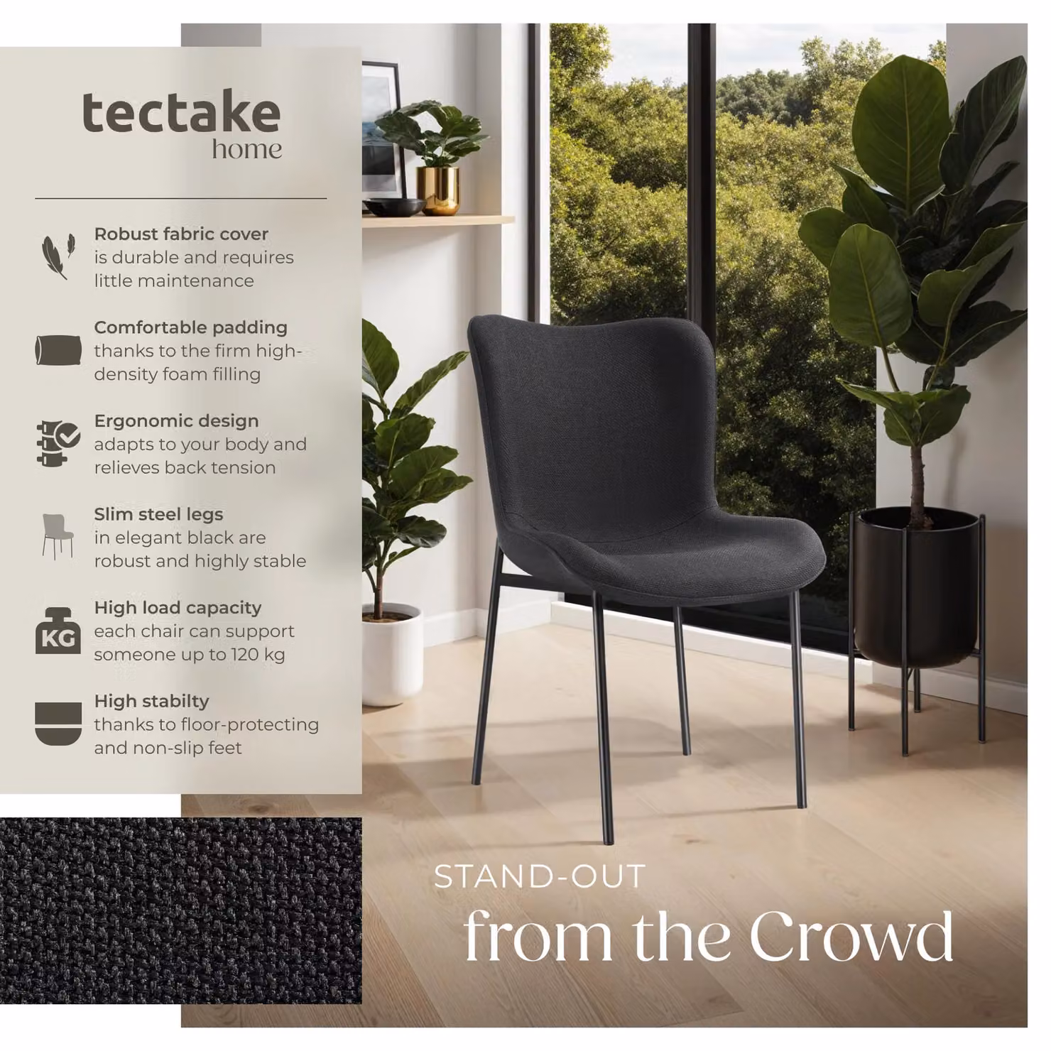 tectake Tessa Set of 2 Dining Chairs in Black Woven Fabric – 2