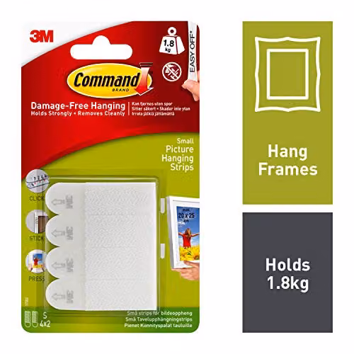 3M Command 17202 Small Picture Hanging Strips, Set of 4 White Double-Sided Adhesive Strips for Pictures, Frames and Wall Décor, Holds up to 1.8 kg – 2