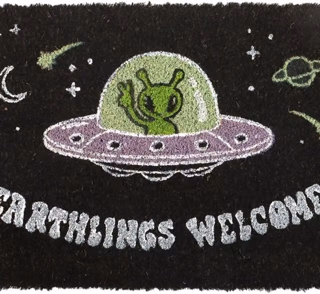 KDMK Black Earthlings Welcome Alien UFO Doormat with Graphic Design