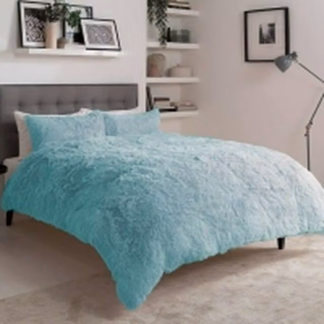 Homes-Linen Alaska Long Fur Teddy Fleece Duvet Cover Set in Duck Egg Blue, Size: 180 x 200 cm