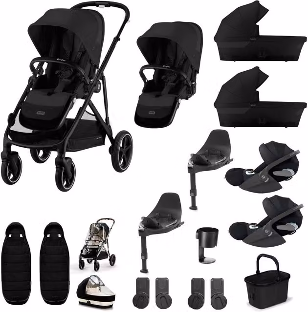 Cybex Gazelle S Twin Pushchair Bundle with Cloud T i-Size Rotating Baby Car Seat, Isofix Base and Accessories in Moon Black (16 Pieces)