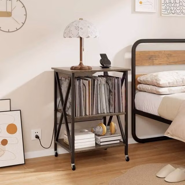 FORGEVIO Multicolour Wood Record Player Stand and Vinyl Storage Cupboard with Castors