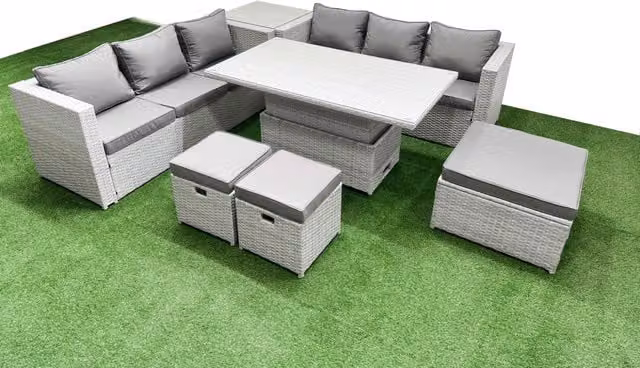 Fimous 7 Piece Rising Dining Table Set with 3 Seater Sofa in Light Grey Rattan and Metal