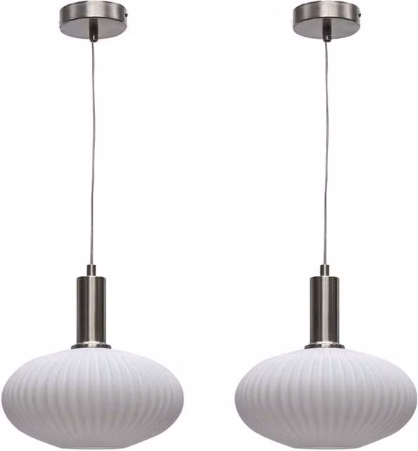 First Choice Lighting Baton Set of 2 Deco Pendant Lights with White Ribbed Oval Glass and Satin Nickel Finish – 1
