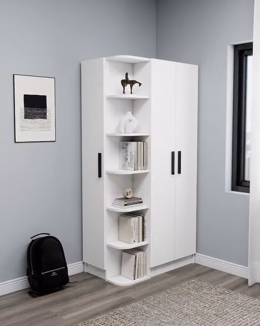 Destina Home Linda Compact Corner Wardrobe with Shelves and Hanging Rod, White, H 181.8 x W 90.0 x D 50.0 cm