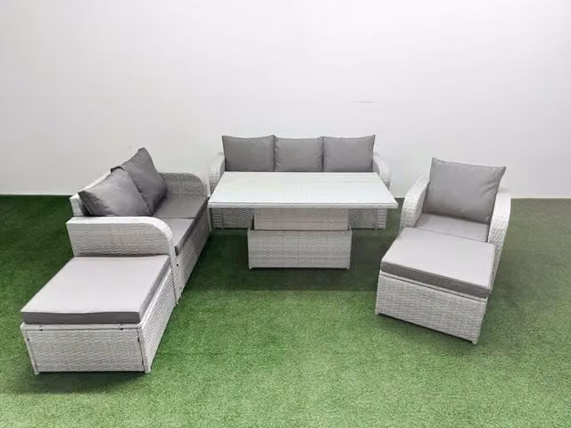Fimous Patio 8 Seater Grey Rattan Outdoor Furniture Set with Adjustable Lifting Table, 3 Seater Sofa, Loveseat and Coffee Table