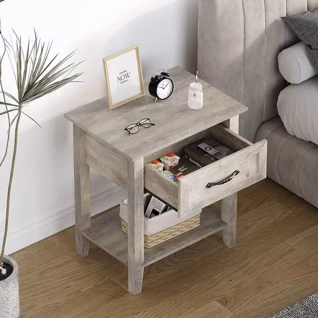 London Boutique Modern Grey Bedside Table with Drawer and Shelf