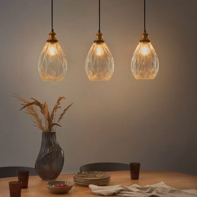 Wyld and Coco 3-Point Modern Suspended Pendant Lamp with Transparent Glass Shades and Black and Gold Metal Frame