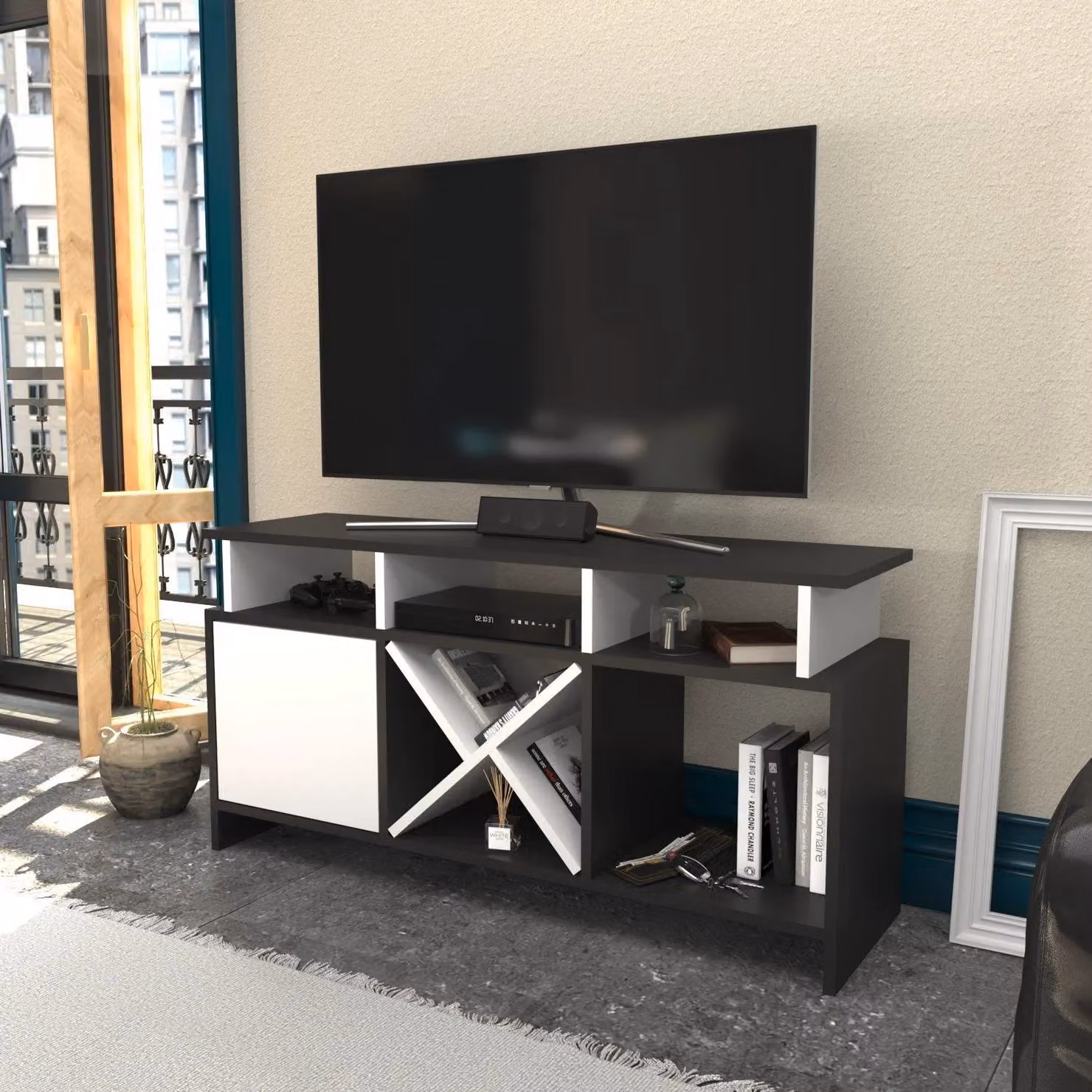 Decorotika Auburn Modern Geometric TV Unit in Anthracite and White – 3
