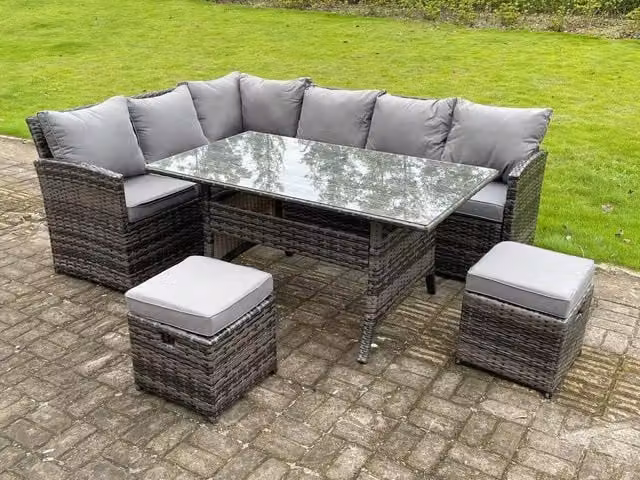 Fimous 8 Seater High Back Rattan Corner Sofa Set with Rectangular Dining Table and 2 Small Footstools in Dark Grey