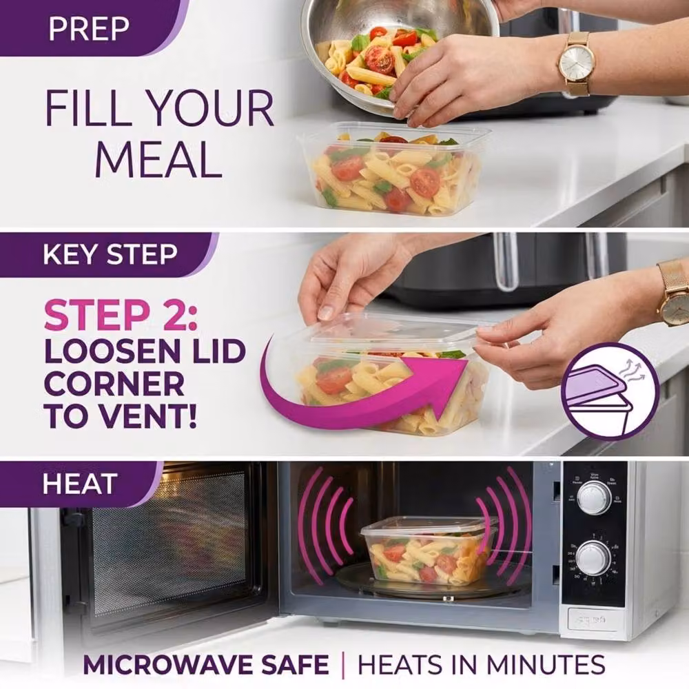Bedsland 25 Pack 1L Microwave Safe Meal Prep Food Storage Set in Transparent Plastic – 4