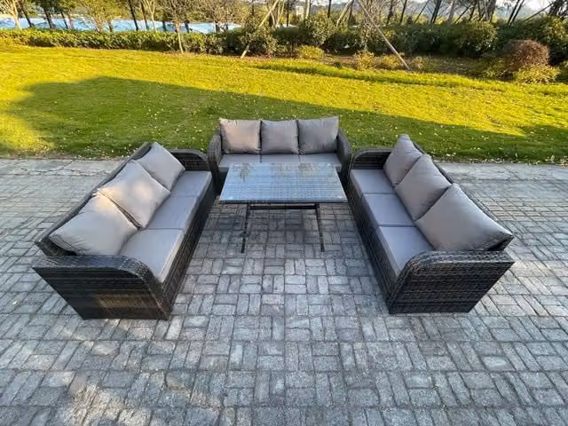 Fimous 9 Seater Wicker Rattan Garden Furniture Set with Rectangular Dining Table in Dark Grey