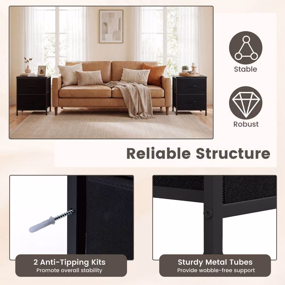 Costway Set of 2 Black Nightstands with 2 Fabric Drawers and Metal Frame – 7