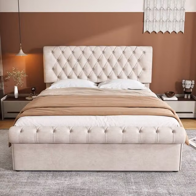Merax King Size Beige Velvet Button Tufted Ottoman Bed W/D/H: 180 x 200 cm
