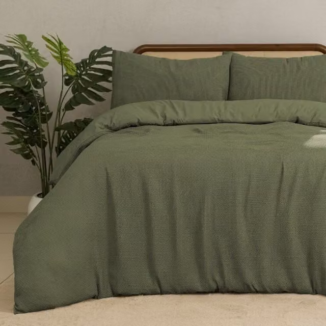 MHG Living Chunky Waffle Duvet Cover and Pillowcase Set, Green, W/D/H: 90 x 200 cm