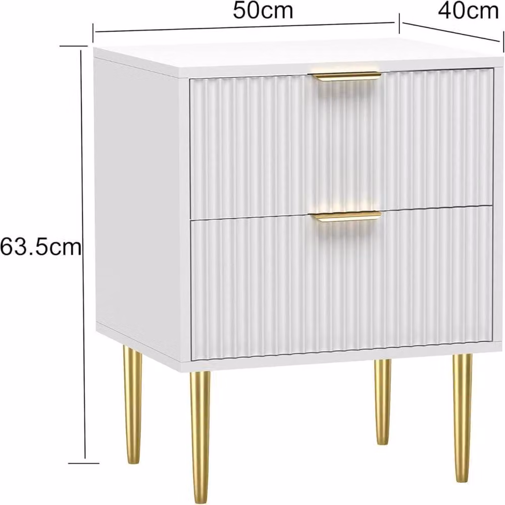 Hygrad White Fluted 2 Drawer Bedside Table with Gold Legs, W: 40.0 cm, D: 40.0 cm, H: 63.5 cm – 2