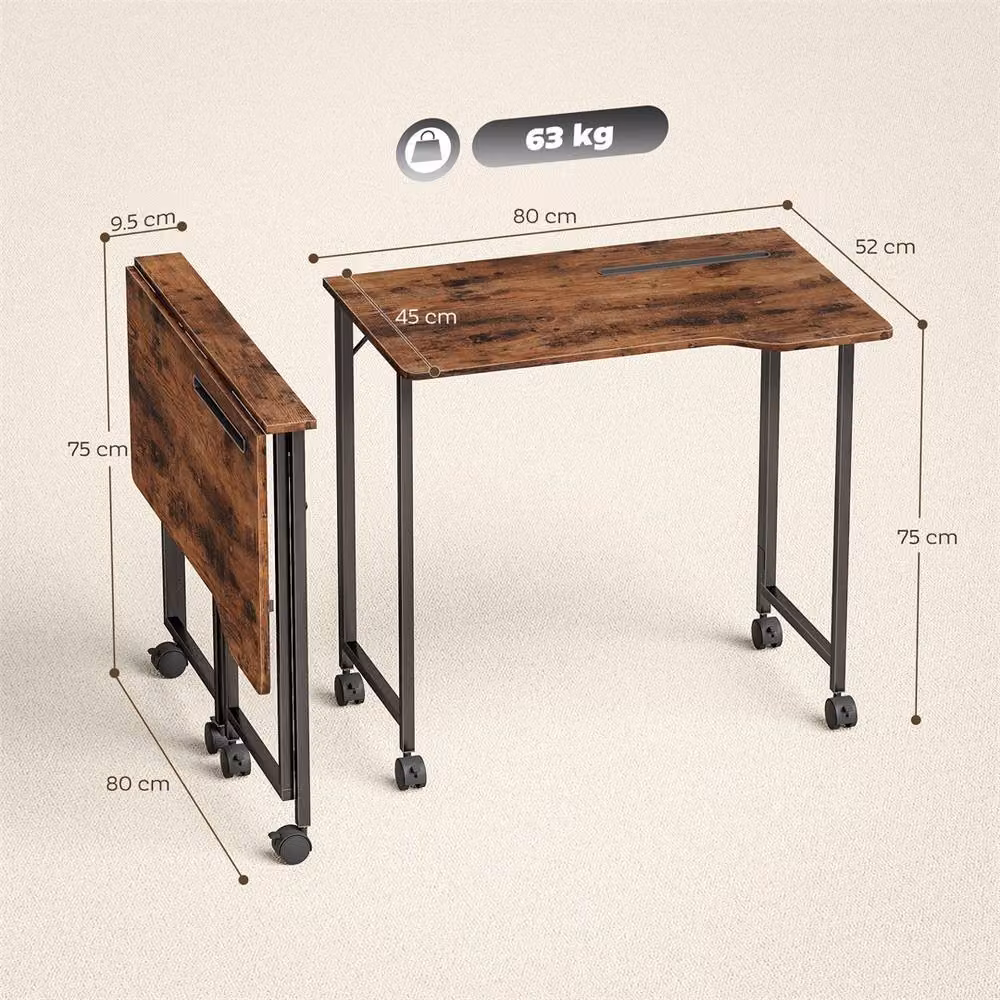 EONLION Brown Folding Computer Desk with Castors, W: 100 cm, H: 75 cm – 2