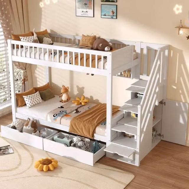 BTM White Solid Wood Single Loft Bed Frame with Storage Drawers and Stairs, W/D/H: 90 x 190 x 220 cm