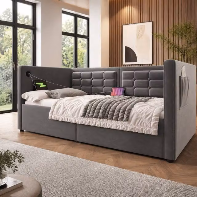 STILVORA Grey Velvet Upholstered Single Daybed with USB and Type-C Charging and Lift-Up Base, W/D/H: 90 x 190 cm