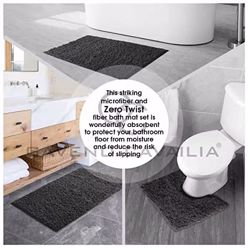 GC GAVENO CAVAILIA 2 Piece Non-Slip Zero Twist Bath Mat and Pedestal Set in Black, W/D/H: 80 x 50 cm and 50 x 40 cm – 4