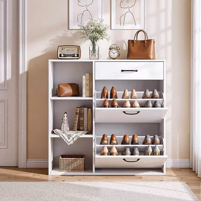 KORVIXA Modern White 4-Tier Shoe Storage Cabinet with Drawer and Tilting Compartments, W/D/H: 100 x 30 x 100 cm – 1
