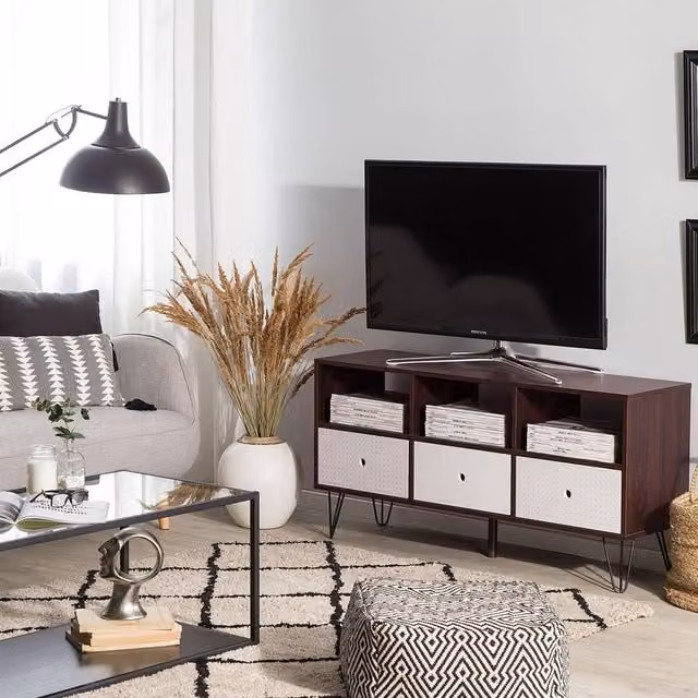 Wyld and Coco Modern 2 Tone TV Stand in Brown and White with 3 Drawers, W: 120 cm, D: 35 cm, H: 60 cm – 1