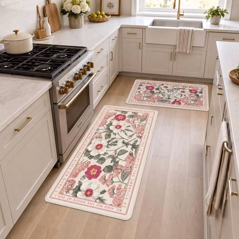 FLAVORA XL Retro Floral Floor Mat, Multicolour Pink and White, W: 100 cm x D: 100 cm – 2