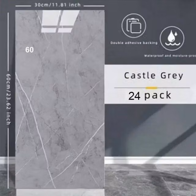 PAWNORA Castle Grey Marble Look Glass Wall Tile Stickers, 24 Pieces – 1