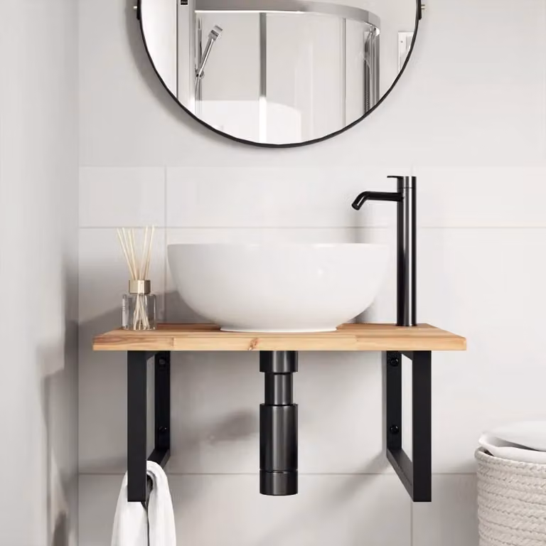 Berkfield Home Wall Mounted Basin Shelf in Brown Steel and Solid Acacia Wood