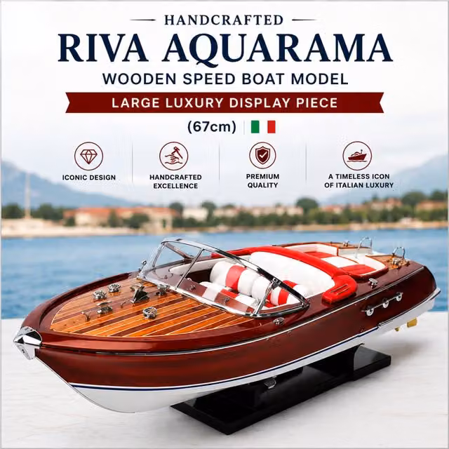 Authentic Replicas & Models Carlo Riva Aquarama Luxury Wooden Speedboat Model in Red and White, Length: 67 cm