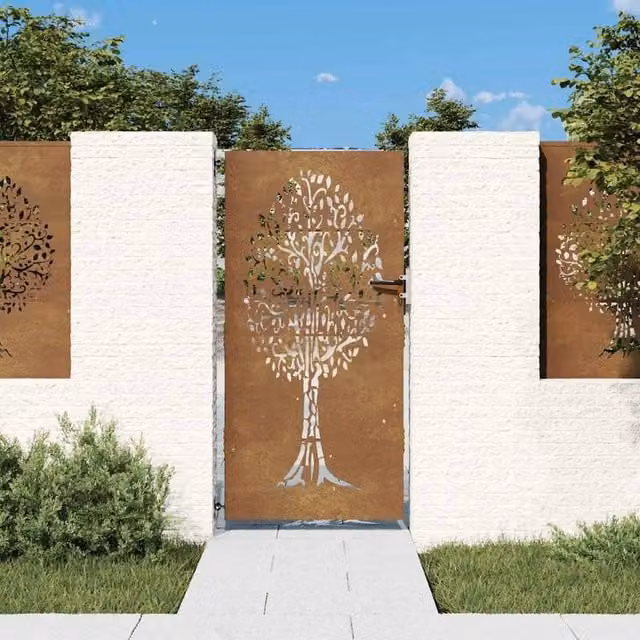 Berkfield Home Garden Gate in Brown Corten Steel with Tree Design, W: 85 cm, H: 175 cm
