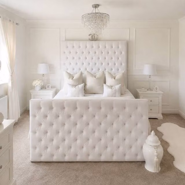 Stratus Interiors Hilton Tall Chesterfield Bed Frame with High Footboard in White, King Size