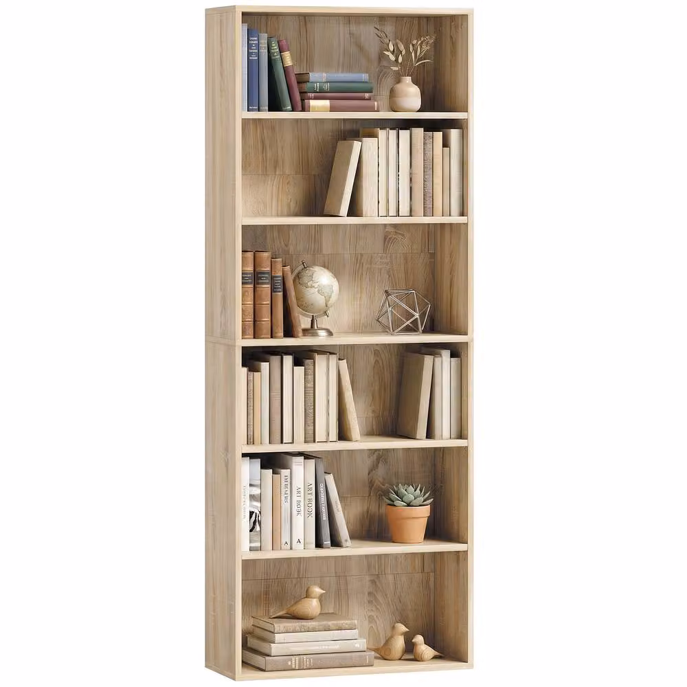 HOMCOM 6 Tier Freestanding Bookshelf with Adjustable Shelves in Natural Oak – 2