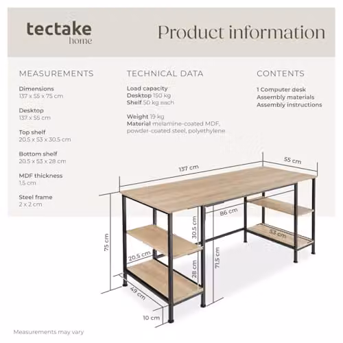 tectake Computer Desk in Industrial Style with Oak Finish and Metal Frame, W/D/H: 137 x 55 x 75 cm, Brown – 3