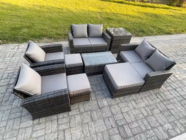 Fimous 9 Piece Outdoor Rattan Garden Furniture Set with Coffee Table and Upholstered Cushions in Dark Grey