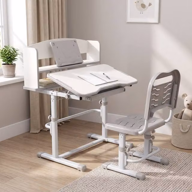 STILVORA Kids Desk and Chair Set with Height-Adjustable Tilting Top and Shelf in Grey
