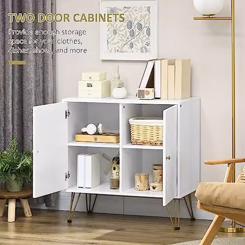 HOMCOM Modern Slim Sideboard Cabinet with 3-Level Adjustable Shelves and Golden Hairpin Legs, White and Gold, W/D/H: 80 x 40 x 80 cm – 3