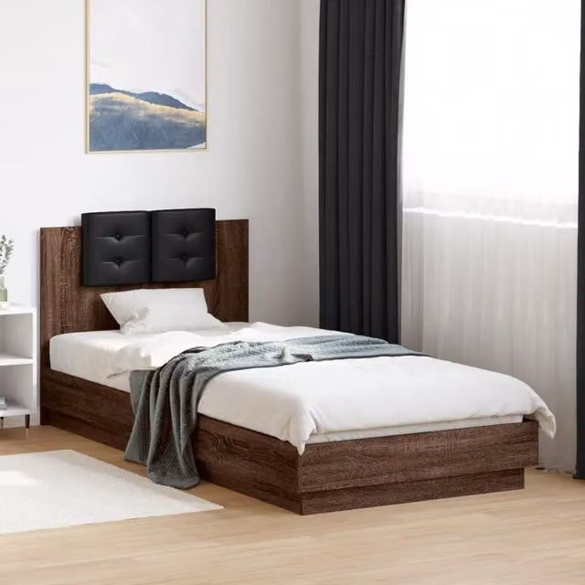 Berkfield Home Modern Bed Frame in Brown Oak with LED Under-Bed Lighting and USB Charging Port, W/D/H: 90 x 200 cm – 1