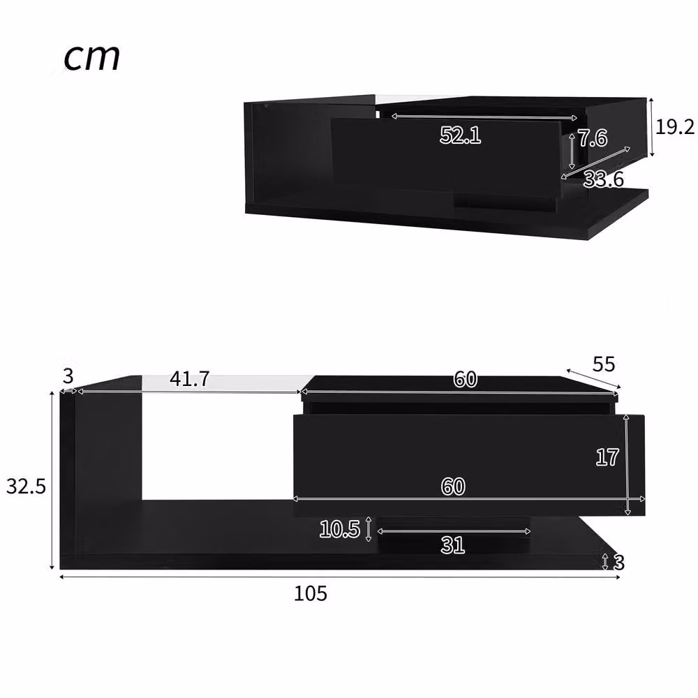 STILVORA Modern Black Coffee Table with LED Storage and Glass Top, W: 105.0 cm, D: 55.0 cm, H: 32.5 cm – 2