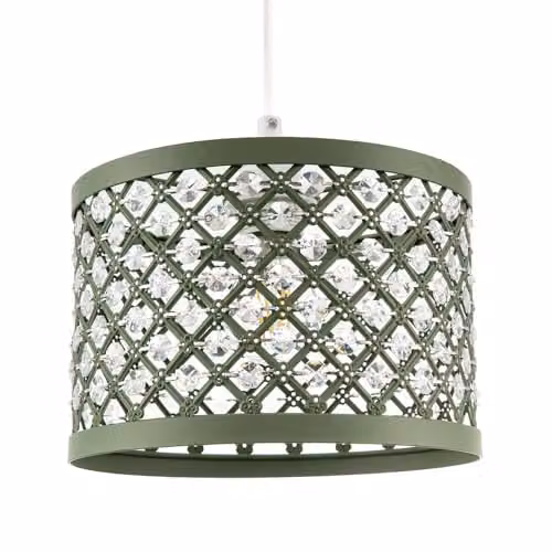Happy Homewares Ornate Olive Green Metal Pendant Light Shade with Transparent Hexagonal Acrylic Beads, Shabby Chic Style, Diameter: 25 cm – 1