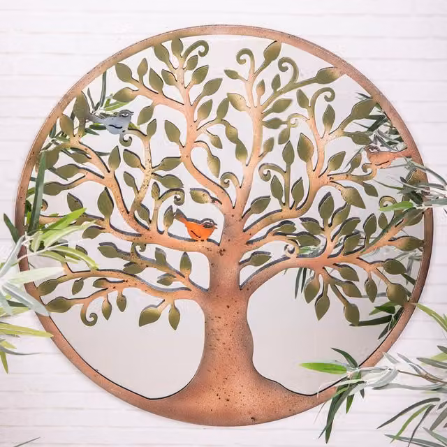 Annibells Mirrored Tree of Life Round Metal and Glass Wall Plaque Sculpture in Brown